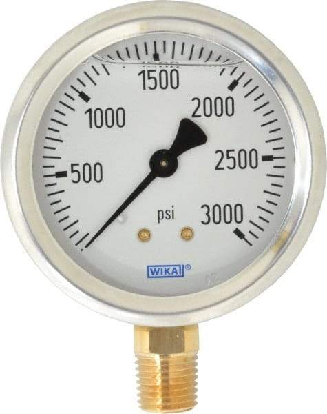 Wika - 2-1/2" Dial, 1/4 Thread, 0-3,000 Scale Range, Pressure Gauge - Lower Connection Mount, Accurate to 1.5% of Scale - Eagle Tool & Supply