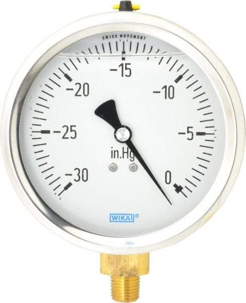 Wika - 4" Dial, 1/4 Thread, 30-0 Scale Range, Pressure Gauge - Lower Connection Mount, Accurate to 1% of Scale - Eagle Tool & Supply