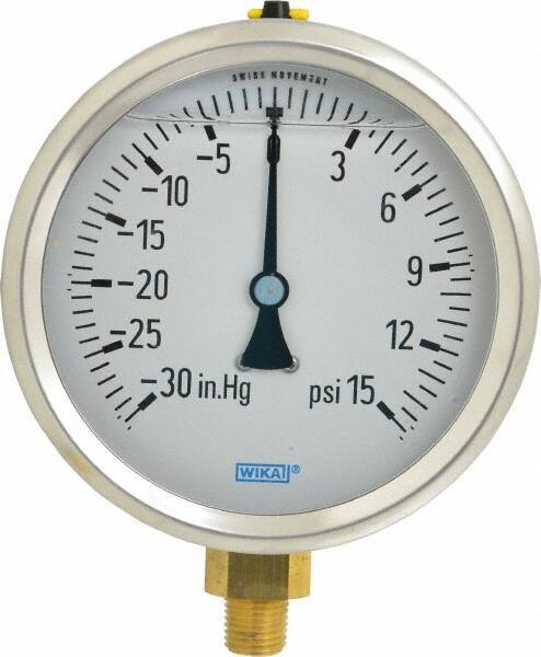 Wika - 4" Dial, 1/4 Thread, 30-0-15 Scale Range, Pressure Gauge - Lower Connection Mount, Accurate to 1% of Scale - Eagle Tool & Supply