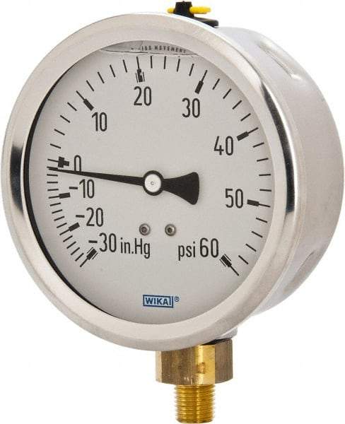 Wika - 4" Dial, 1/4 Thread, 30-0-60 Scale Range, Pressure Gauge - Lower Connection Mount, Accurate to 1% of Scale - Eagle Tool & Supply