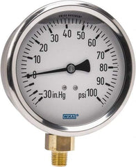 Wika - 4" Dial, 1/4 Thread, 30-0-100 Scale Range, Pressure Gauge - Lower Connection Mount, Accurate to 1% of Scale - Eagle Tool & Supply