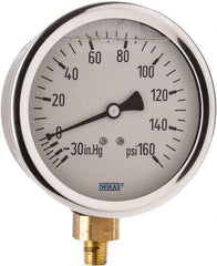 Wika - 4" Dial, 1/4 Thread, 30-0-160 Scale Range, Pressure Gauge - Lower Connection Mount, Accurate to 1% of Scale - Eagle Tool & Supply