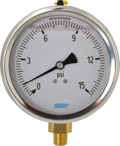 Wika - 4" Dial, 1/4 Thread, 0-15 Scale Range, Pressure Gauge - Lower Connection Mount, Accurate to 1% of Scale - Eagle Tool & Supply