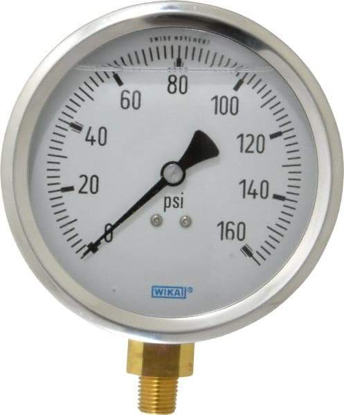 Wika - 4" Dial, 1/4 Thread, 0-160 Scale Range, Pressure Gauge - Lower Connection Mount, Accurate to 1% of Scale - Eagle Tool & Supply