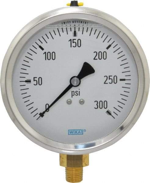 Wika - 4" Dial, 1/4 Thread, 0-300 Scale Range, Pressure Gauge - Lower Connection Mount, Accurate to 1% of Scale - Eagle Tool & Supply