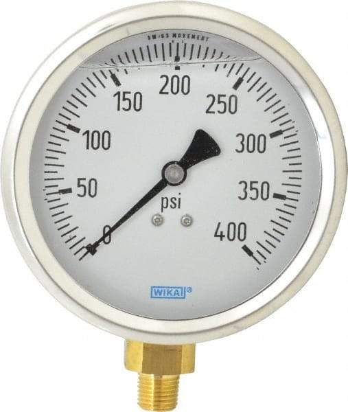 Wika - 4" Dial, 1/4 Thread, 0-400 Scale Range, Pressure Gauge - Lower Connection Mount, Accurate to 1% of Scale - Eagle Tool & Supply