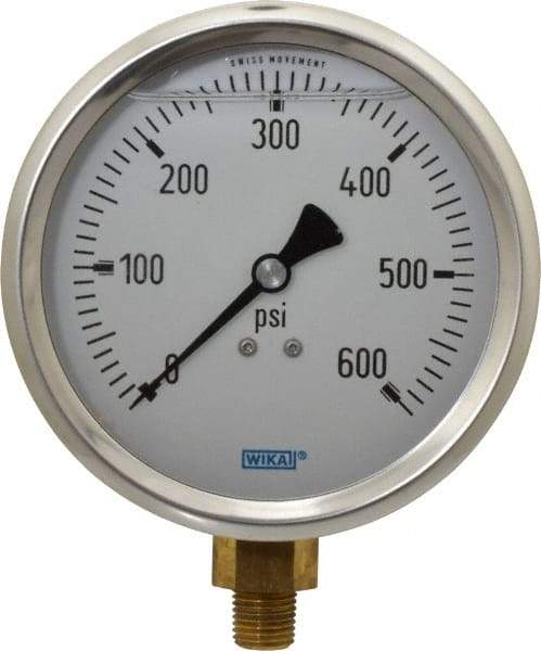 Wika - 4" Dial, 1/4 Thread, 0-600 Scale Range, Pressure Gauge - Lower Connection Mount, Accurate to 1% of Scale - Eagle Tool & Supply