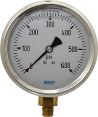 Wika - 4" Dial, 1/4 Thread, 0-600 Scale Range, Pressure Gauge - Lower Connection Mount, Accurate to 1% of Scale - Eagle Tool & Supply