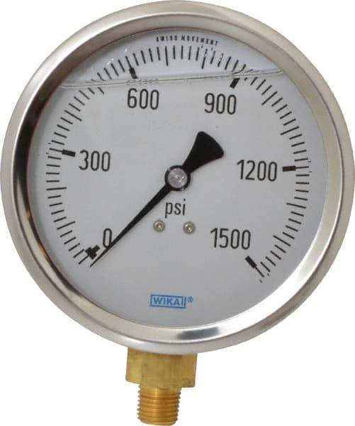 Wika - 4" Dial, 1/4 Thread, 0-1,500 Scale Range, Pressure Gauge - Lower Connection Mount, Accurate to 1% of Scale - Eagle Tool & Supply