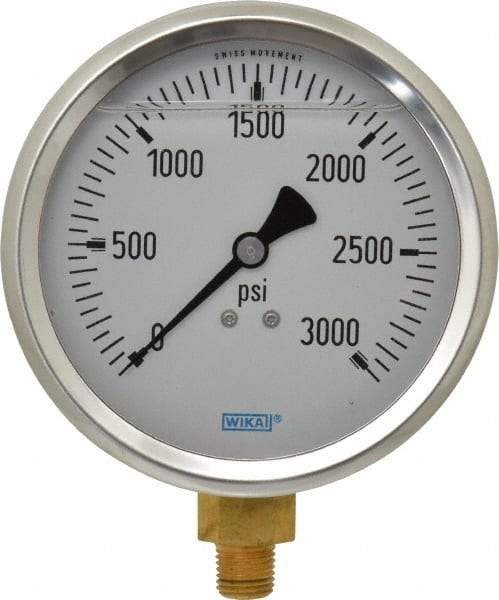 Wika - 4" Dial, 1/4 Thread, 0-3,000 Scale Range, Pressure Gauge - Lower Connection Mount, Accurate to 1% of Scale - Eagle Tool & Supply