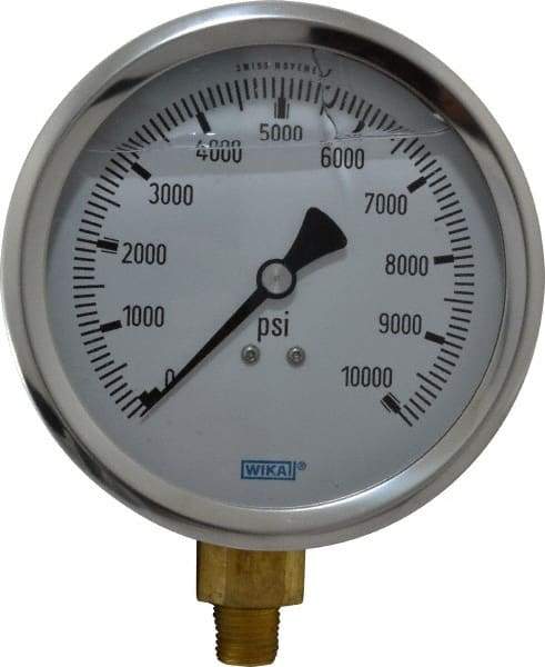 Wika - 4" Dial, 1/4 Thread, 0-10,000 Scale Range, Pressure Gauge - Lower Connection Mount, Accurate to 1% of Scale - Eagle Tool & Supply