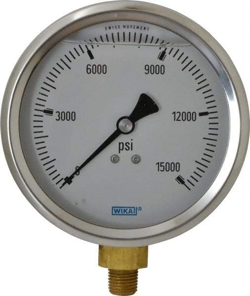 Wika - 4" Dial, 1/4 Thread, 0-15,000 Scale Range, Pressure Gauge - Lower Connection Mount, Accurate to 1% of Scale - Eagle Tool & Supply