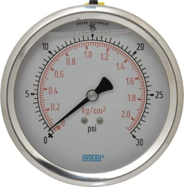 Wika - 4" Dial, 1/4 Thread, 0-30 Scale Range, Pressure Gauge - Lower Back Connection Mount, Accurate to 1% of Scale - Eagle Tool & Supply