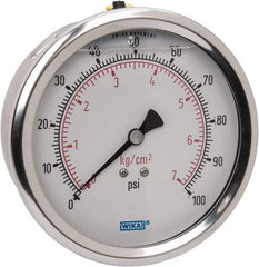 Wika - 4" Dial, 1/4 Thread, 0-100 Scale Range, Pressure Gauge - Lower Back Connection Mount, Accurate to 1% of Scale - Eagle Tool & Supply