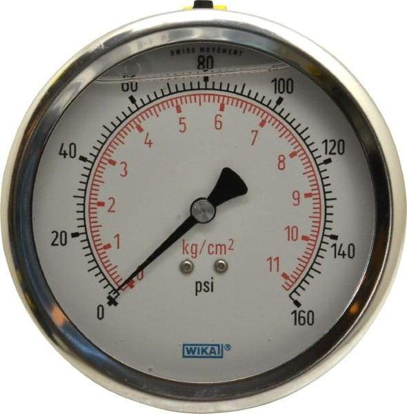 Wika - 4" Dial, 1/4 Thread, 0-160 Scale Range, Pressure Gauge - Lower Back Connection Mount, Accurate to 1% of Scale - Eagle Tool & Supply