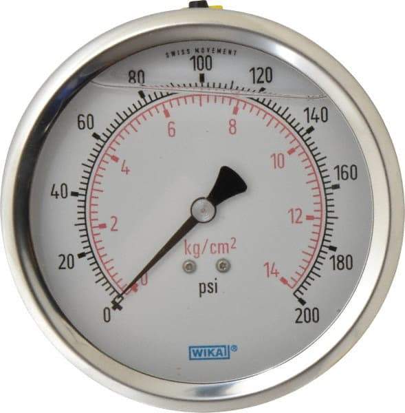 Wika - 4" Dial, 1/4 Thread, 0-200 Scale Range, Pressure Gauge - Lower Back Connection Mount, Accurate to 1% of Scale - Eagle Tool & Supply