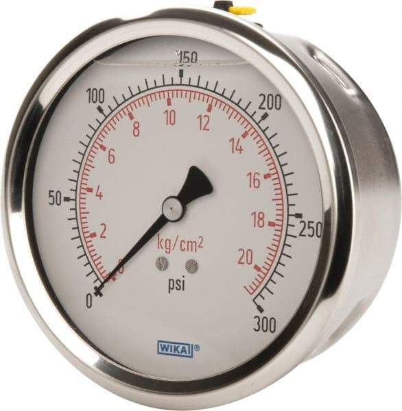 Wika - 4" Dial, 1/4 Thread, 0-300 Scale Range, Pressure Gauge - Lower Back Connection Mount, Accurate to 1% of Scale - Eagle Tool & Supply