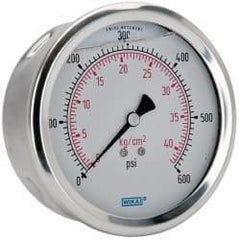 Wika - 4" Dial, 1/4 Thread, 0-600 Scale Range, Pressure Gauge - Lower Back Connection Mount, Accurate to 1% of Scale - Eagle Tool & Supply