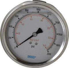 Wika - 4" Dial, 1/4 Thread, 0-2,000 Scale Range, Pressure Gauge - Lower Back Connection Mount, Accurate to 1% of Scale - Eagle Tool & Supply