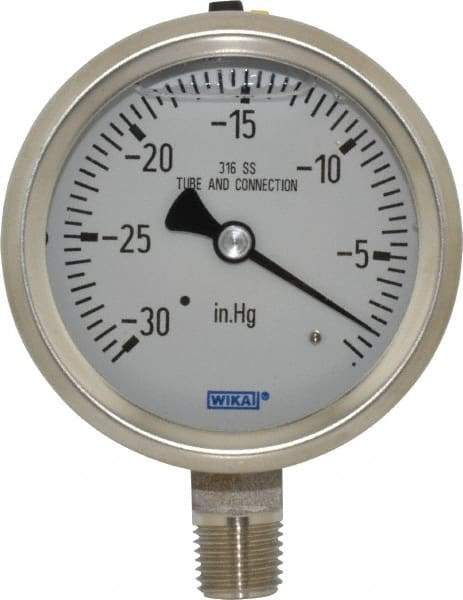 Wika - 2-1/2" Dial, 1/4 Thread, 30-0 Scale Range, Pressure Gauge - Lower Connection Mount, Accurate to 1.5% of Scale - Eagle Tool & Supply