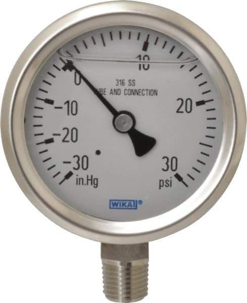 Wika - 2-1/2" Dial, 1/4 Thread, 30-0-30 Scale Range, Pressure Gauge - Lower Connection Mount, Accurate to 1.5% of Scale - Eagle Tool & Supply