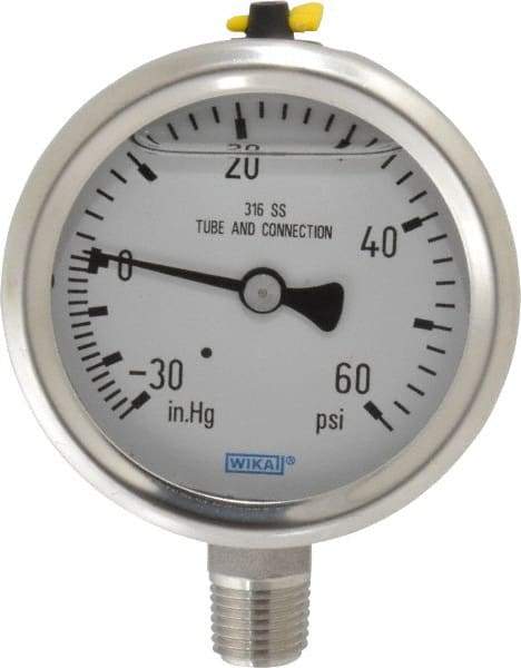 Wika - 2-1/2" Dial, 1/4 Thread, 30-0-60 Scale Range, Pressure Gauge - Lower Connection Mount, Accurate to 1.5% of Scale - Eagle Tool & Supply