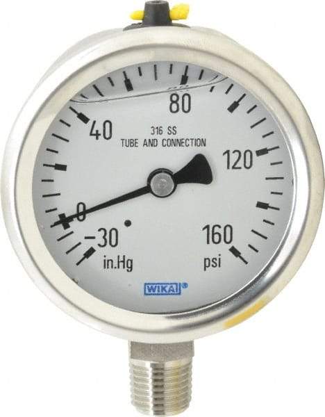 Wika - 2-1/2" Dial, 1/4 Thread, 30-0-160 Scale Range, Pressure Gauge - Lower Connection Mount, Accurate to 1.5% of Scale - Eagle Tool & Supply