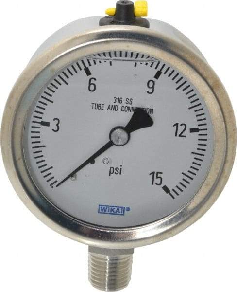 Wika - 2-1/2" Dial, 1/4 Thread, 0-15 Scale Range, Pressure Gauge - Lower Connection Mount, Accurate to 1.5% of Scale - Eagle Tool & Supply