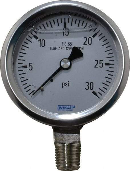 Wika - 2-1/2" Dial, 1/4 Thread, 0-30 Scale Range, Pressure Gauge - Lower Connection Mount, Accurate to 1.5% of Scale - Eagle Tool & Supply