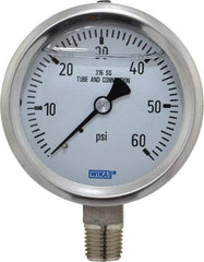 Wika - 2-1/2" Dial, 1/4 Thread, 0-60 Scale Range, Pressure Gauge - Lower Connection Mount, Accurate to 1.5% of Scale - Eagle Tool & Supply