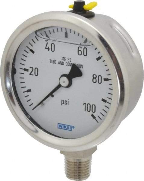 Wika - 2-1/2" Dial, 1/4 Thread, 0-100 Scale Range, Pressure Gauge - Lower Connection Mount, Accurate to 1.5% of Scale - Eagle Tool & Supply