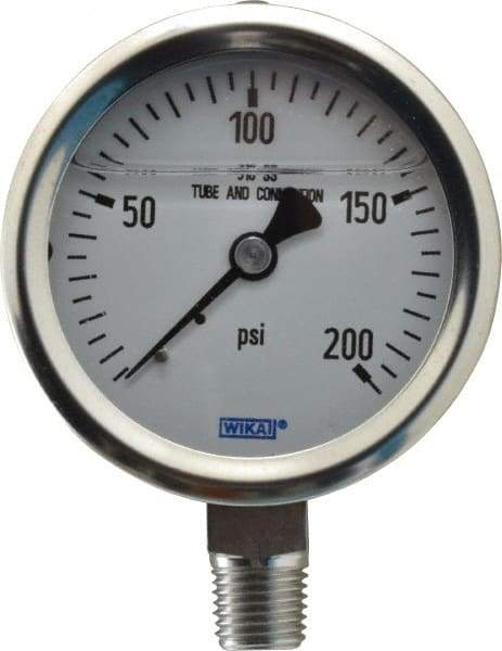 Wika - 2-1/2" Dial, 1/4 Thread, 0-200 Scale Range, Pressure Gauge - Lower Connection Mount, Accurate to 1.5% of Scale - Eagle Tool & Supply
