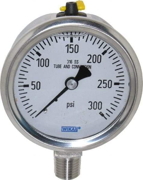 Wika - 2-1/2" Dial, 1/4 Thread, 0-300 Scale Range, Pressure Gauge - Lower Connection Mount, Accurate to 1.5% of Scale - Eagle Tool & Supply