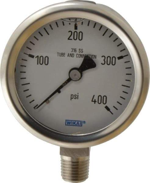 Wika - 2-1/2" Dial, 1/4 Thread, 0-400 Scale Range, Pressure Gauge - Lower Connection Mount, Accurate to 1.5% of Scale - Eagle Tool & Supply