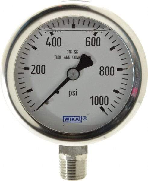 Wika - 2-1/2" Dial, 1/4 Thread, 0-1,000 Scale Range, Pressure Gauge - Lower Connection Mount, Accurate to 1.5% of Scale - Eagle Tool & Supply