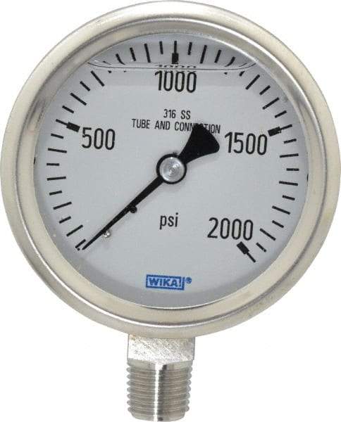 Wika - 2-1/2" Dial, 1/4 Thread, 0-2,000 Scale Range, Pressure Gauge - Lower Connection Mount, Accurate to 1.5% of Scale - Eagle Tool & Supply