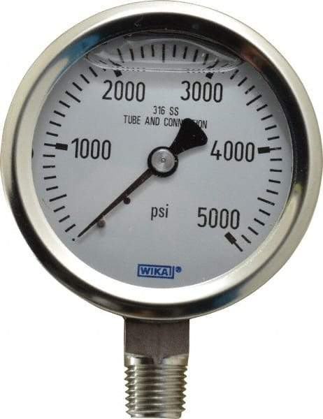 Wika - 2-1/2" Dial, 1/4 Thread, 0-5,000 Scale Range, Pressure Gauge - Lower Connection Mount, Accurate to 1.5% of Scale - Eagle Tool & Supply