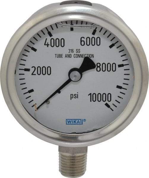 Wika - 2-1/2" Dial, 1/4 Thread, 0-10,000 Scale Range, Pressure Gauge - Lower Connection Mount, Accurate to 1.5% of Scale - Eagle Tool & Supply