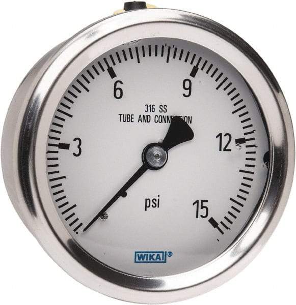 Wika - 2-1/2" Dial, 1/4 Thread, 0-15 Scale Range, Pressure Gauge - Center Back Connection Mount, Accurate to 1.5% of Scale - Eagle Tool & Supply