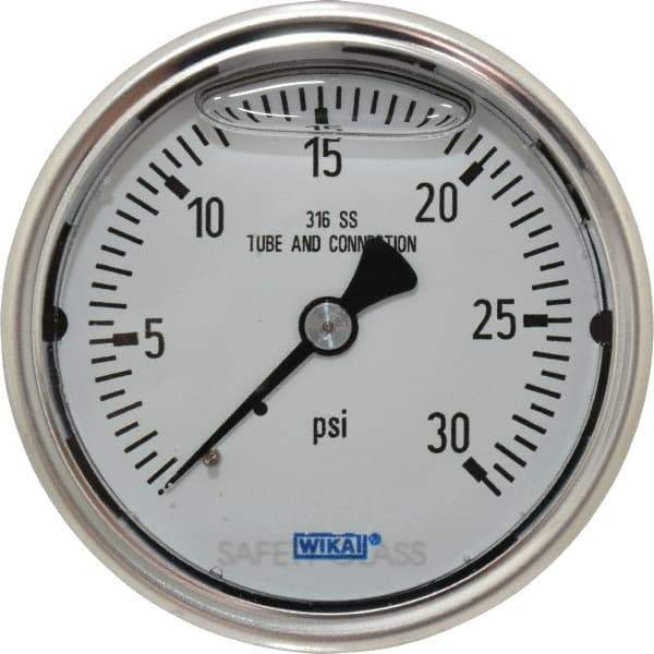 Wika - 2-1/2" Dial, 1/4 Thread, 0-30 Scale Range, Pressure Gauge - Center Back Connection Mount, Accurate to 1.5% of Scale - Eagle Tool & Supply