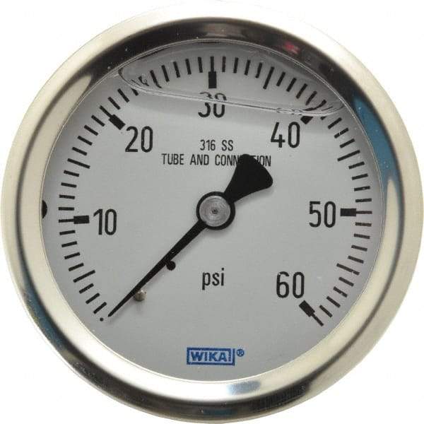 Wika - 2-1/2" Dial, 1/4 Thread, 0-60 Scale Range, Pressure Gauge - Center Back Connection Mount, Accurate to 1.5% of Scale - Eagle Tool & Supply