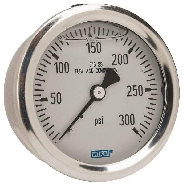 Wika - 2-1/2" Dial, 1/4 Thread, 0-300 Scale Range, Pressure Gauge - Center Back Connection Mount, Accurate to 1.5% of Scale - Eagle Tool & Supply