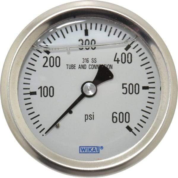 Wika - 2-1/2" Dial, 1/4 Thread, 0-600 Scale Range, Pressure Gauge - Center Back Connection Mount, Accurate to 1.5% of Scale - Eagle Tool & Supply