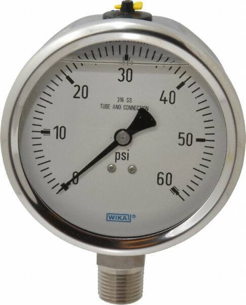Wika - 4" Dial, 1/2 Thread, 0-60 Scale Range, Pressure Gauge - Lower Connection Mount, Accurate to 1% of Scale - Eagle Tool & Supply