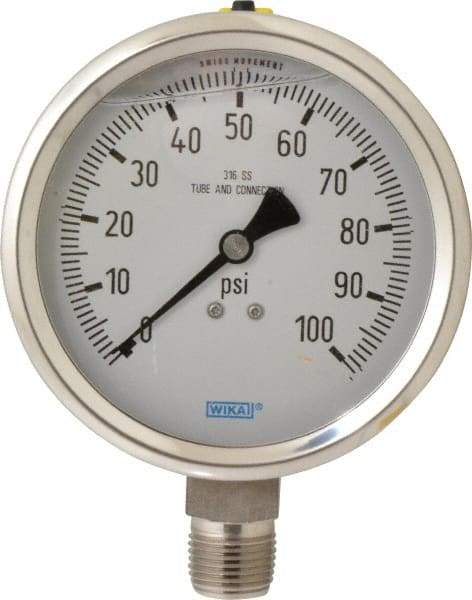Wika - 4" Dial, 1/2 Thread, 0-100 Scale Range, Pressure Gauge - Lower Connection Mount, Accurate to 1% of Scale - Eagle Tool & Supply