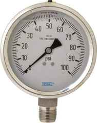 Wika - 4" Dial, 1/2 Thread, 0-100 Scale Range, Pressure Gauge - Lower Connection Mount, Accurate to 1% of Scale - Eagle Tool & Supply