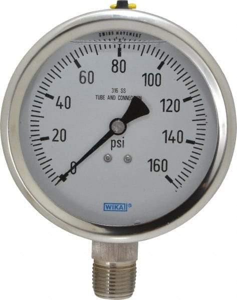 Wika - 4" Dial, 1/2 Thread, 0-160 Scale Range, Pressure Gauge - Lower Connection Mount, Accurate to 1% of Scale - Eagle Tool & Supply