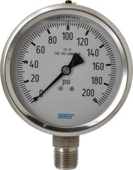 Wika - 4" Dial, 1/2 Thread, 0-200 Scale Range, Pressure Gauge - Lower Connection Mount, Accurate to 1% of Scale - Eagle Tool & Supply