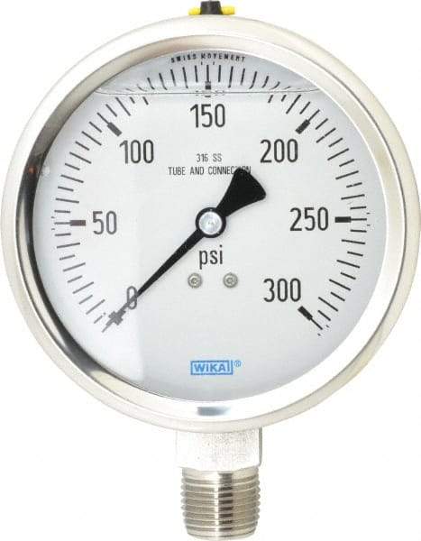 Wika - 4" Dial, 1/2 Thread, 0-300 Scale Range, Pressure Gauge - Lower Connection Mount, Accurate to 1% of Scale - Eagle Tool & Supply