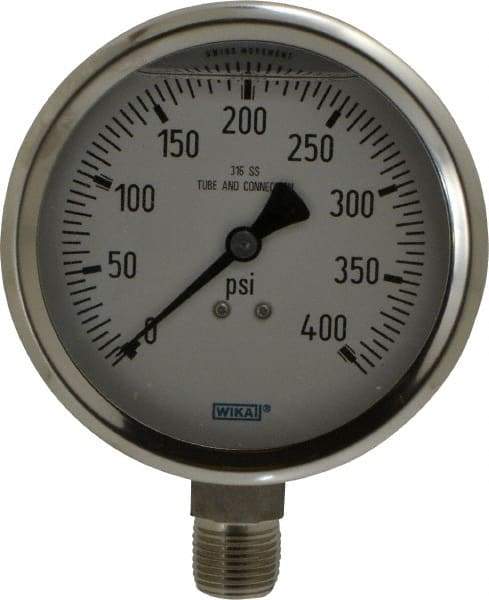 Wika - 4" Dial, 1/2 Thread, 0-400 Scale Range, Pressure Gauge - Lower Connection Mount, Accurate to 1% of Scale - Eagle Tool & Supply